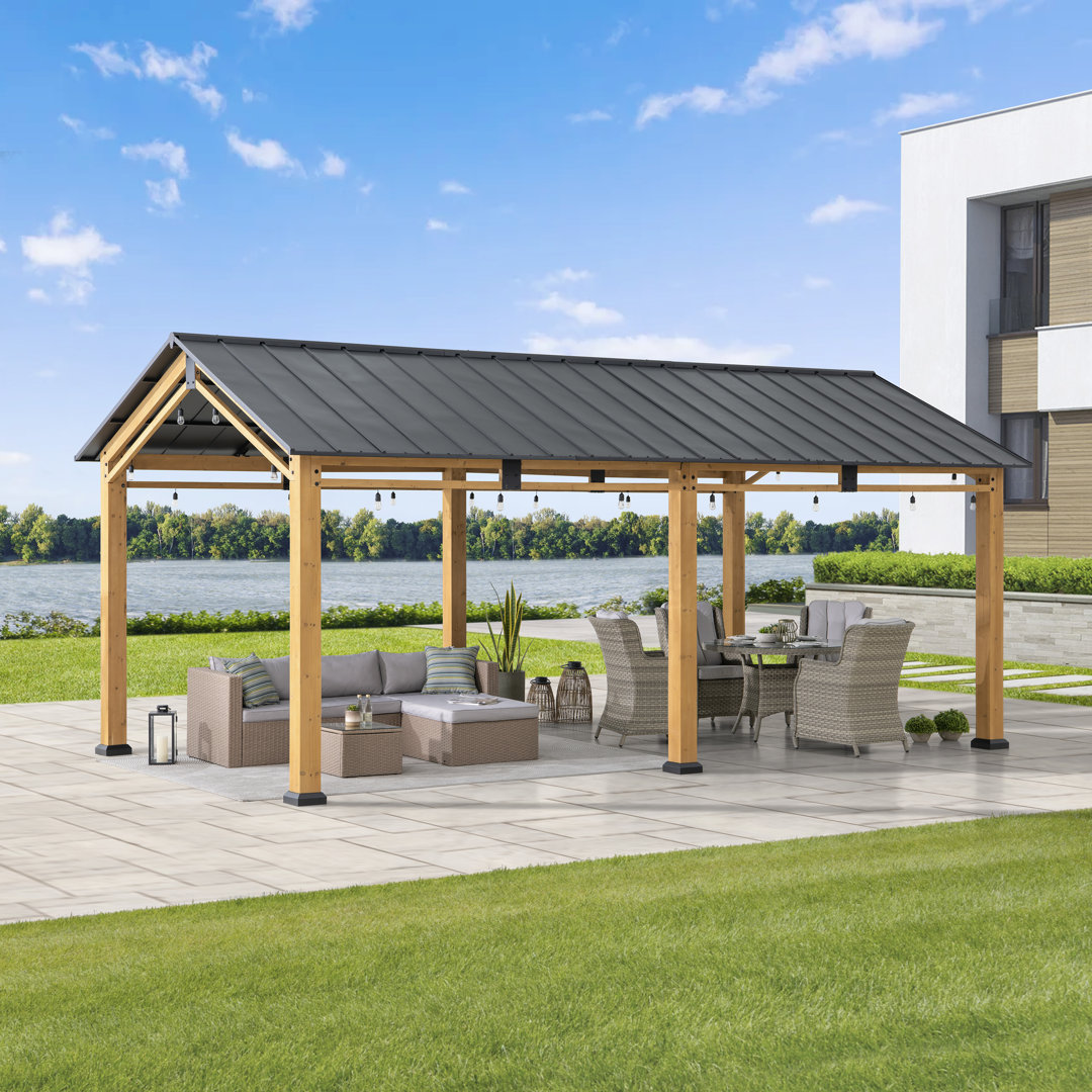 Sunjoy 11 ft. x 20 ft. Cedar Wood Frame Carport Outdoor Patio Hardtop Gazebo, Car Shelter with Metal Roof and Movable Ceiling Hook